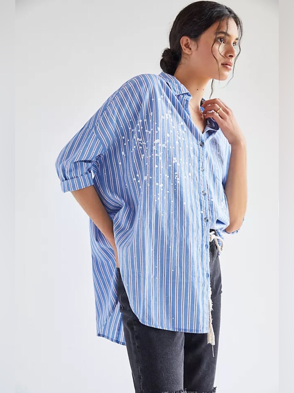 Anthro Pilcro "The Bo" Paint Splatter Striped Boyfriend Buttondown Shirt M/L